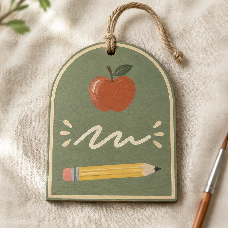 A hand-painted wooden teacher name hanger with a pencil and apple