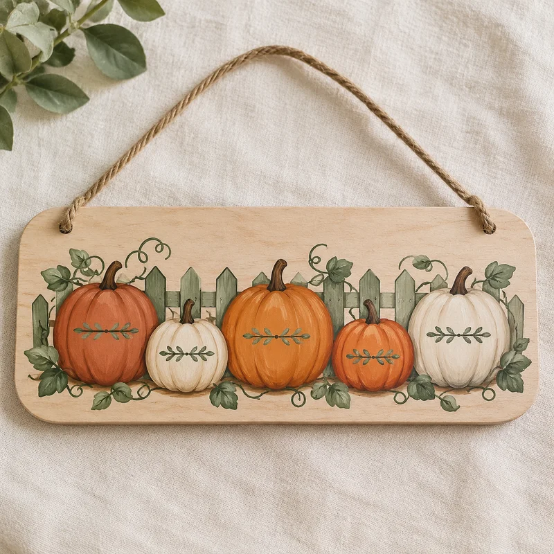 A hand-painted pumpkin patch door hanger with grandkids' names on pumpkins