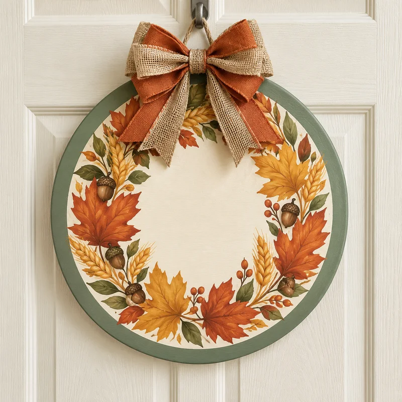 A hand-painted fall hanger on a front door
