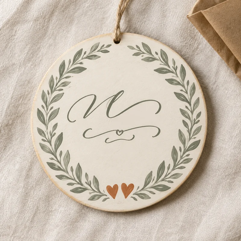 A round hand-painted anniversary door hanger with a couple's last name and date