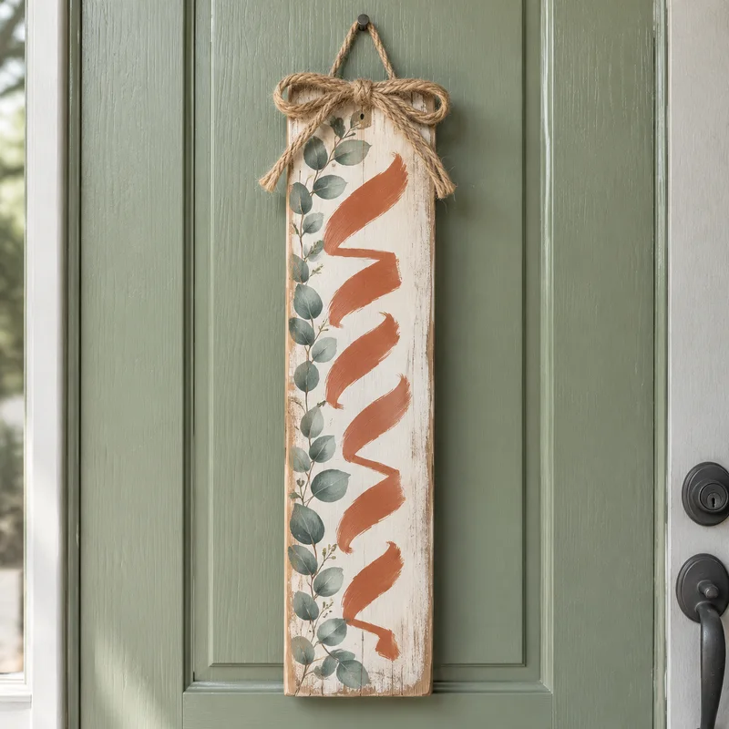 A rustic hand-painted welcome hanger with a jute bow on a front door