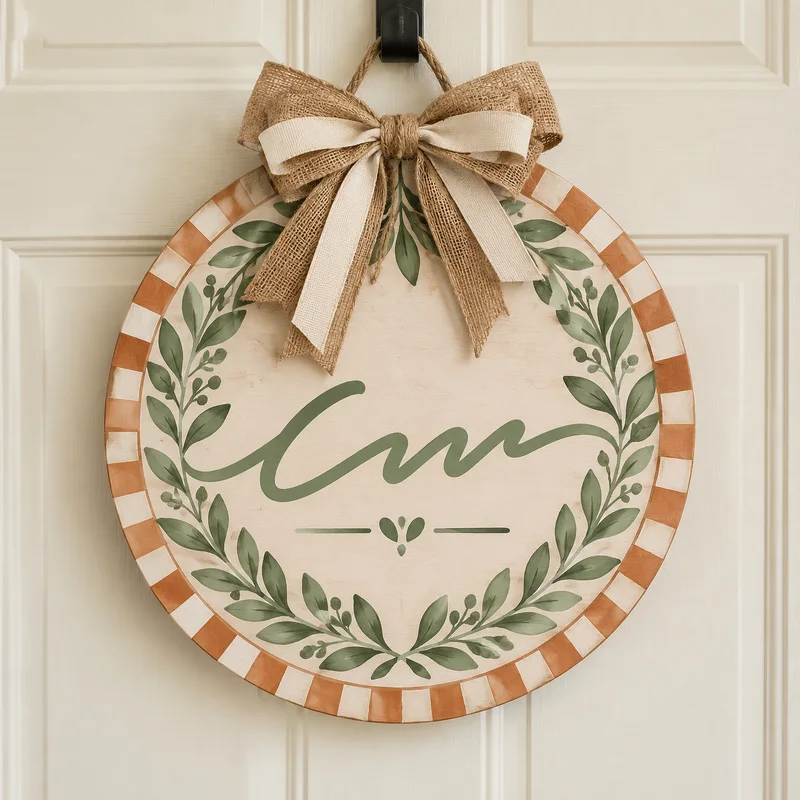 A large hand-painted family last name hanger on a porch door