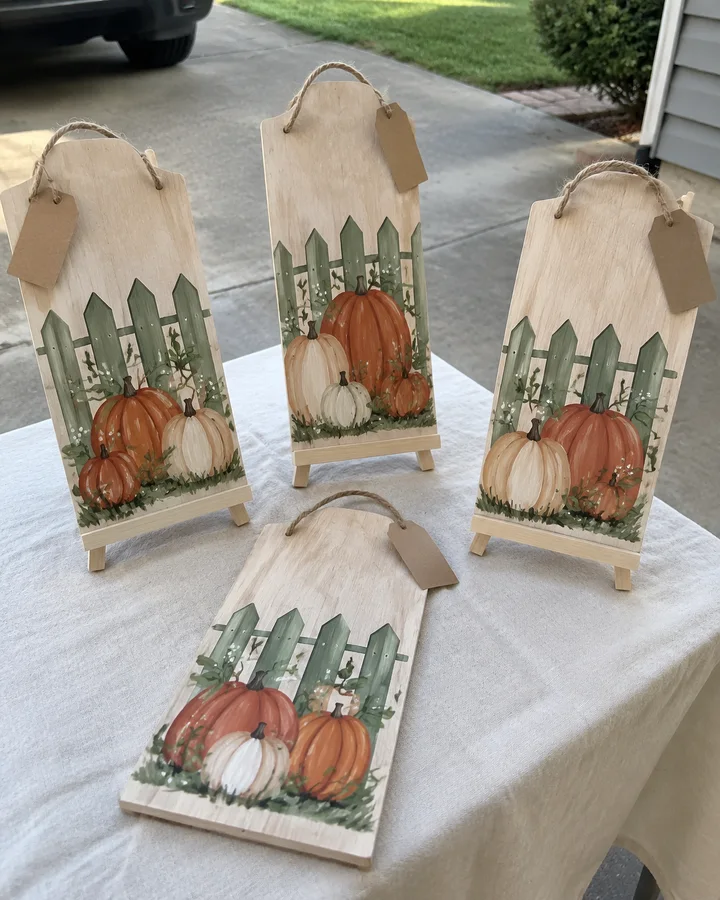 A small driveway table with hand-painted pumpkin patch door hangers on display
