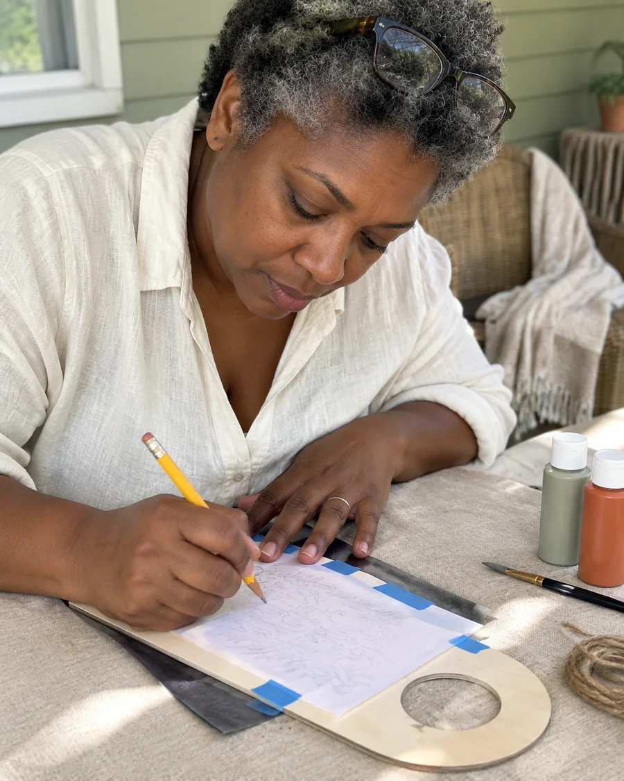 A woman tracing letters onto a wooden door hanger on her porch with a cup of tea