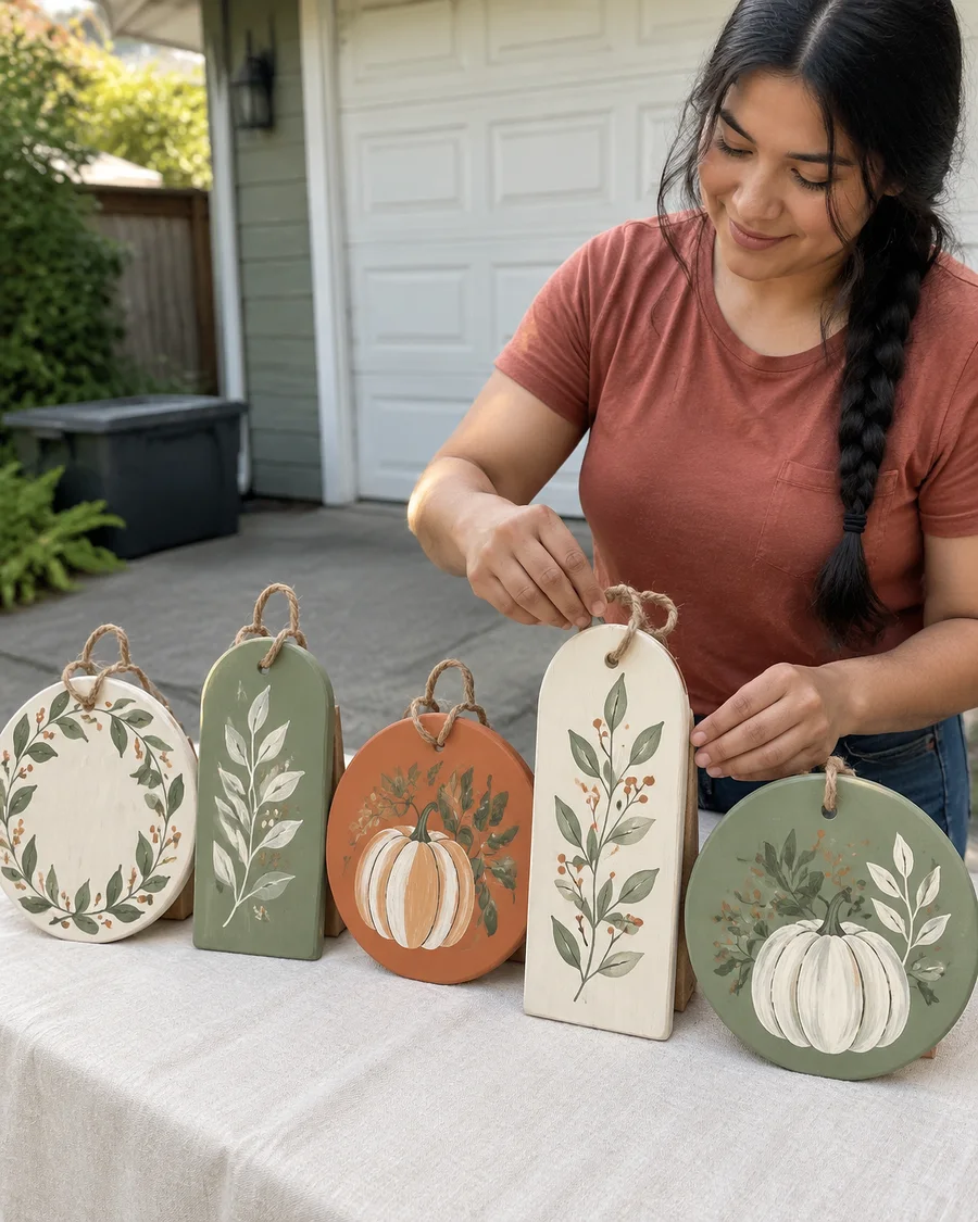 Woman arranging painted door hangers on a driveway show table