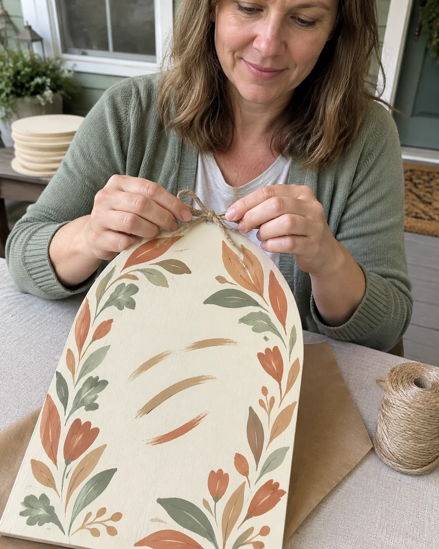 Tying a jute string bow on a painted door hanger to sell